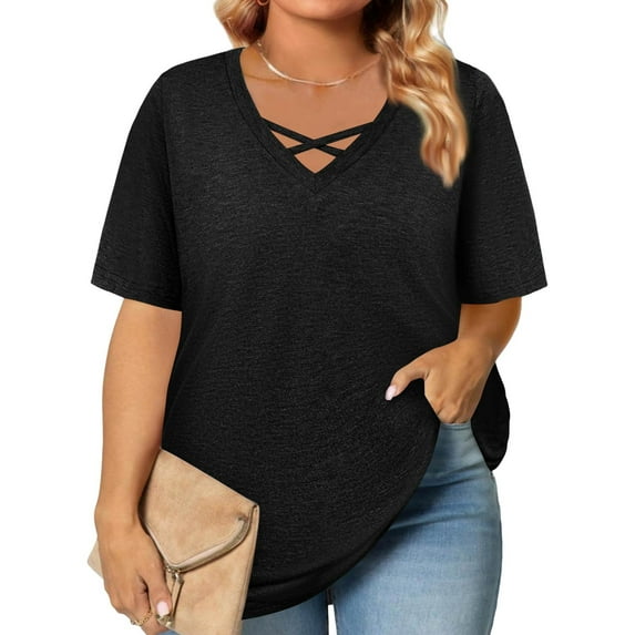 TQWQT Plus Size Tops for Women Dressy Summer Short Sleeve Tunic Tops Black T-Shirt V Neck Criss Cross Tunic Shirts Large Casual Summer Clothes 3XL