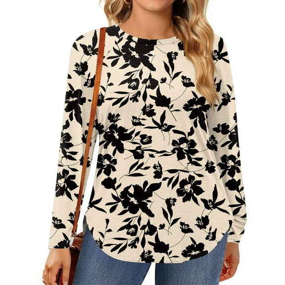 TQWQT Plus Size Tops for Women Fall Casual Cute Shirts Crewneck Long Sleeve Floral Print Blouses 4x-5x Tunic Tops Beige XL