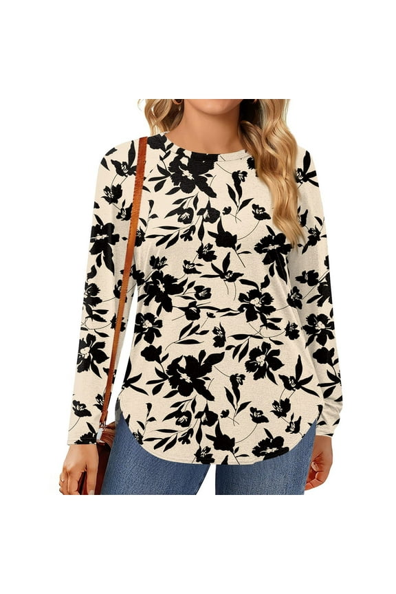 TQWQT Plus Size Tops for Women Fall Casual Cute Shirts Crewneck Long Sleeve Floral Print Blouses 4x-5x Tunic Tops Beige XL
