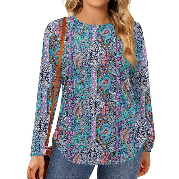TQWQT Plus Size Tops for Women Fall Casual Flowy Tunic Crewneck Long Sleeve Floral Print Blouses Fall Tunic Tops Multicolor 5XL
