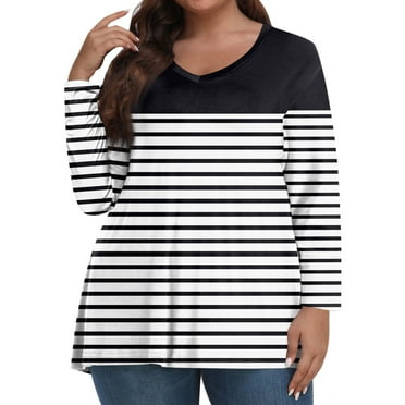 TQWQT Plus Size Tops for Women Fall Casual Going Out Shirt Long Sleeve V Neck Striped Print Blouses 4x-5x Tunic Tops Black 3XL