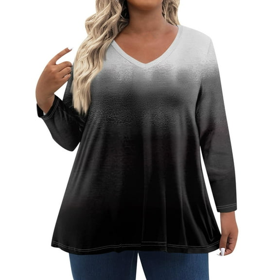 TQWQT Plus Size Tops for Women Fall Casual Going Out Tees Shirt V Neck Long Sleeve Gradient Graphic T-Shirt 4x-5x Trendy Tunics Dark Gray 4XL