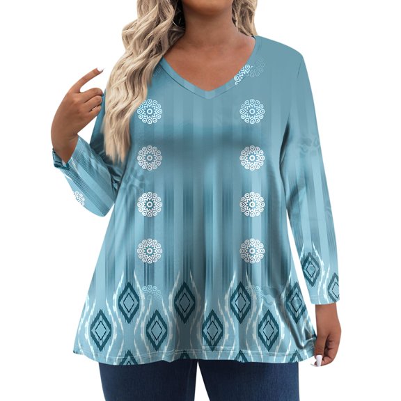 TQWQT Plus Size Tops for Women Loose Casual Going Out Shirt Long Sleeve V Neck Floral Graphic T-Shirt Fall Tunics Blouses Light Blue XL