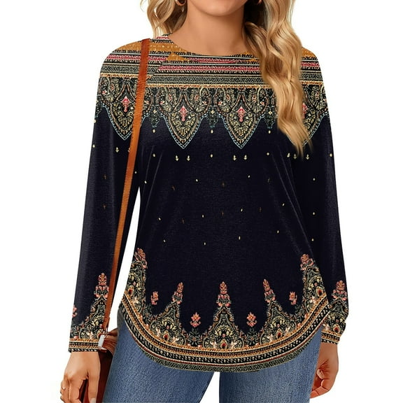 TQWQT Plus Size Tops for Women Loose Fit Casual Going Out T Shirts Long Sleeve Crewneck Floral Print Blouses Fall Tunic Tops Black 3XL
