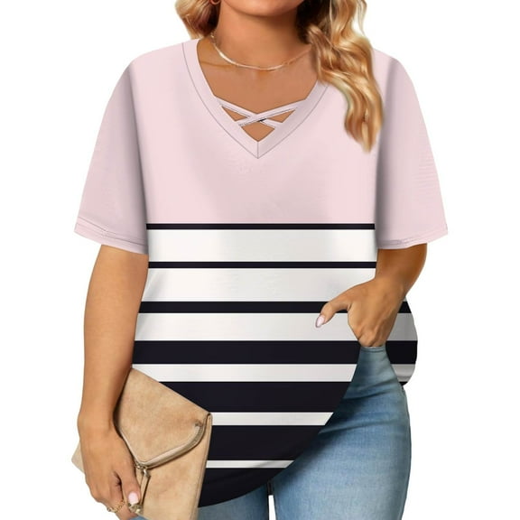 TQWQT Plus Size Tops for Women Loose Fit Summer Sexy T Shirts Short Sleeve V-Neck Criss Cross Striped Color Block Blouses 4x-5x Casual Tunic Tops 4XL