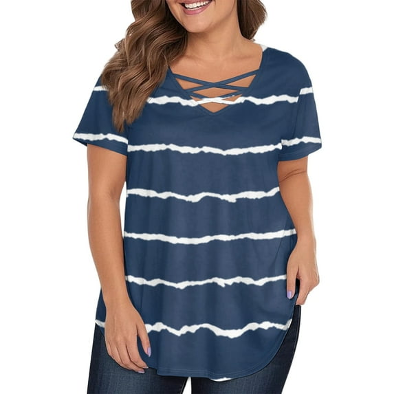 TQWQT Plus Size Tops for Women Sexy Summer V Neck Criss Cross Tshirts Striped Color Block T-Shirt Short Sleeve Shirts Dressy Casual Blouses Blue 3XL