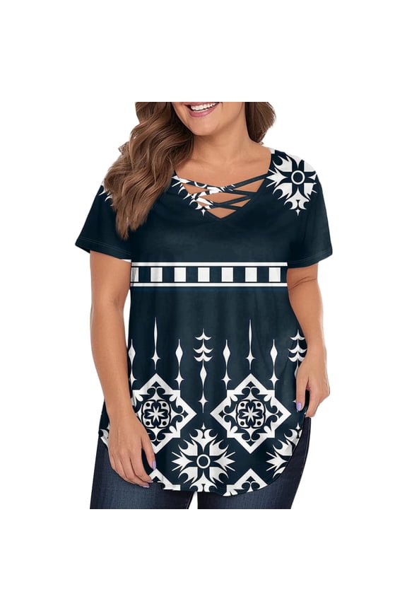 TQWQT Plus Size Tops for Women Short Sleeve Shirts Aztec Print Blouses V Neck Criss Cross T Shirts Summer Casual Tunics Blouses Dark Blue 3XL