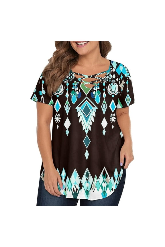 TQWQT Plus Size Tops for Women Short Sleeve T Shirts Aztec Print Blouses V-Neck Criss Cross Tunic Summer Casual Trendy Tunics Light Blue 4XL