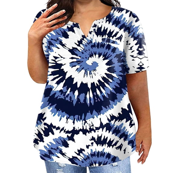 TQWQT Plus Size Tops for Women Short Sleeve T Shirts Gradient Graphic T-Shirt V Neck Shirt Summer Casual Tunics Blouses with Pocket Dark Blue XL