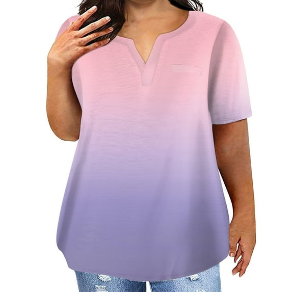 TQWQT Plus Size Tops for Women Short Sleeve T Shirts Gradient Graphic T-Shirt V Neck Shirt Summer Casual Tunics Blouses with Pocket Pink L