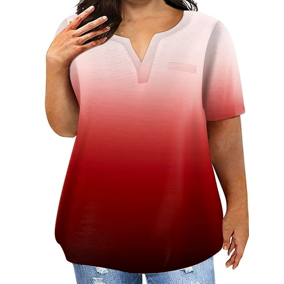TQWQT Plus Size Tops for Women Short Sleeve T Shirts Gradient Graphic T-Shirt V Neck Shirt Summer Casual Tunics Blouses with Pocket Red 5XL