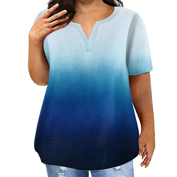 TQWQT Plus Size Tops for Women Short Sleeve T Shirts Gradient Graphic T-Shirt V Neck Shirt Summer Casual Tunics Blouses with Pocket Royal Blue XL
