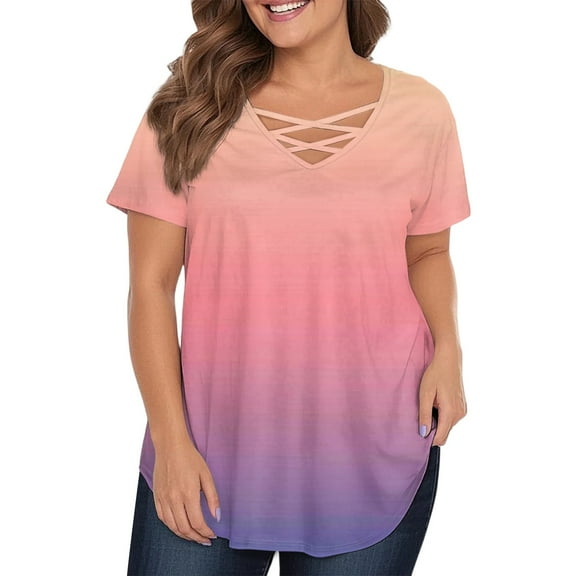 TQWQT Plus Size Tops for Women Summer Casual Going Out T Shirts V Neck Criss Cross Short Sleeve Gradient Print Blouses Summer Tunics Blouses Pink XL