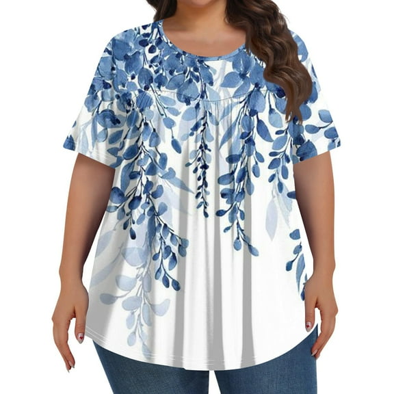 TQWQT Plus Size Tops for Women Summer Casual Going Out Tees Shirt Crew Neck Short Sleeve Floral Pleated T-Shirt 4x-5x Tunic Tops Blue 2XL