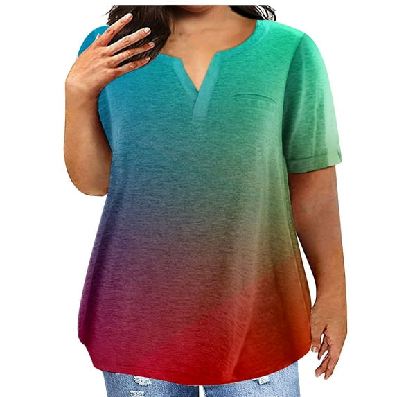 TQWQT Plus Size Tops for Women Summer Casual Going Out Tees Short Sleeve V-Neck Floral Graphic T-Shirt 4x-5x Trendy Tunics with Pocket Cyan 4XL