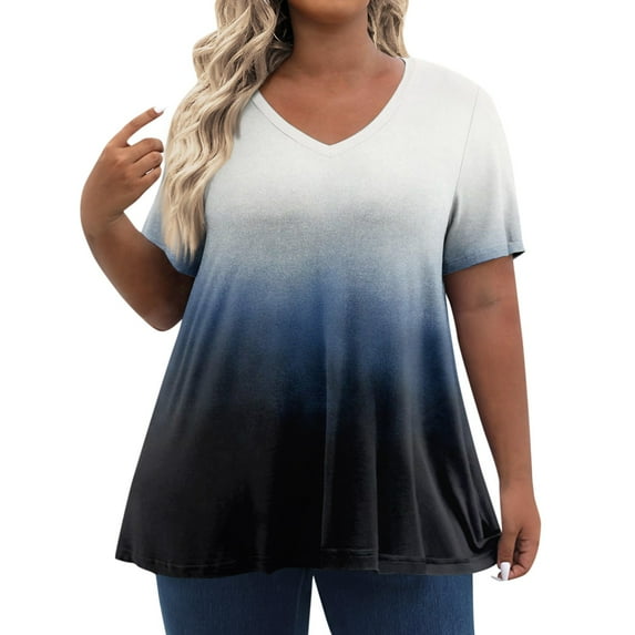 TQWQT Plus Size Tshirts for Women 4x-5x 3x Women Tunic V Neck Gradient Print Short Sleeves Tee Dressy Casual Blouses Loose Fit Summer Outfits Dark Blue 4XL