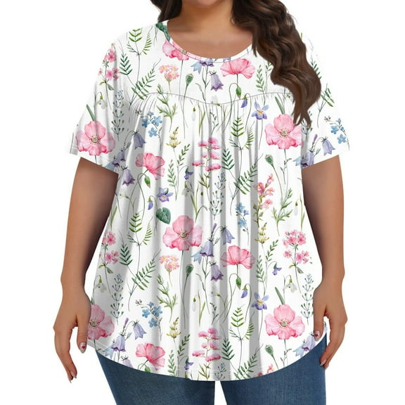 TQWQT Plus Size Tshirts for Women Plus Size Spring Tops Crew Neck Plus Size Tunics Short Sleeve Floral Print Dressy Casual T Shirts Loose Fit Curvy Women Clothes Pink 2XL