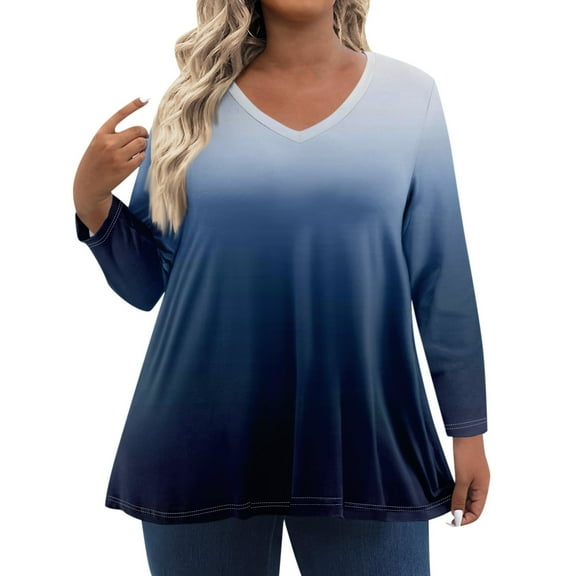 TQWQT Plus Size Tshirts for Women Cute Women Dressy Blouses V Neck Plus Size Tops Long Sleeves Gradient Print Casual Tshirt 4x Womens Plus Size Clothes Blue 4XL