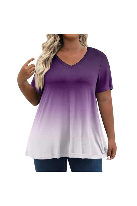 Plus Size Tshirts for Women Summer Womens 5x Blouse V Neck Plus Size Top 2x Short Sleeves Gradient Print Dressy Casual Tshirt 5x Women Plus Size Clothing Purple 3XL
