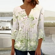 TQWQT Plus Size Tunic Tops for Women 3/4 Sleeve Henley V Neck Button Down Tunic Shirts Dressy Casual Bohemian Floral Print T-Shirt Graphic Tees Blouse Army Green 2XL