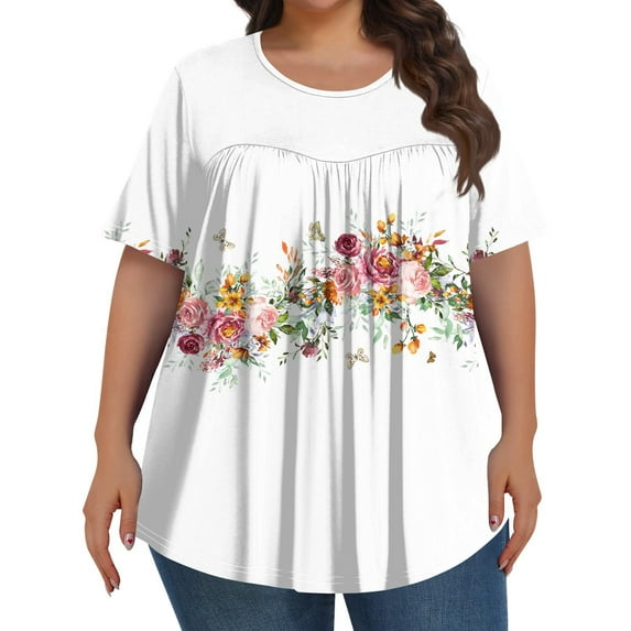 TQWQT Plus Size Tunic Tops for Women 4x-5x Flowy Crew Neck T Shirts Floral Pleated T-Shirt Short Sleeve Tops Dressy Casual Curvy Women Outfits White XL