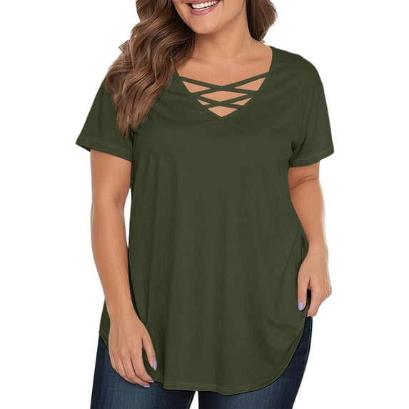 TQWQT Plus Size Tunic Tops for Women 4x-5x Trendy Short Sleeve Shirts Basic Plain Pleated T-Shirt Crew Neck Criss Cross Tshirts Large Casual Clothes for Women Army Green L