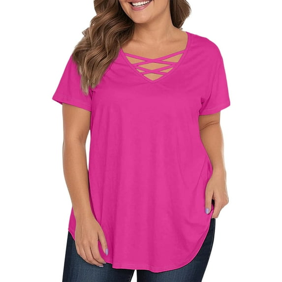 TQWQT Plus Size Tunic Tops for Women 4x-5x Trendy Short Sleeve Tops Basic Plain T-Shirt V Neck Criss Cross Tunic Shirts Large Casual Tunics Blouses Hot Pink XL