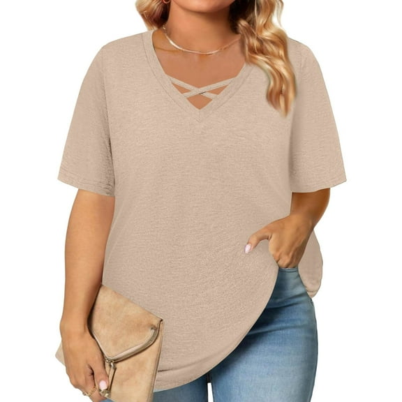 TQWQT Plus Size Tunic Tops for Women 4x-5x Trendy V Neck Criss Cross Tunic Shirts Khaki Basic Plain T-Shirt Short Sleeve Tunics Shirts Large Casual Tunic Tops 4XL