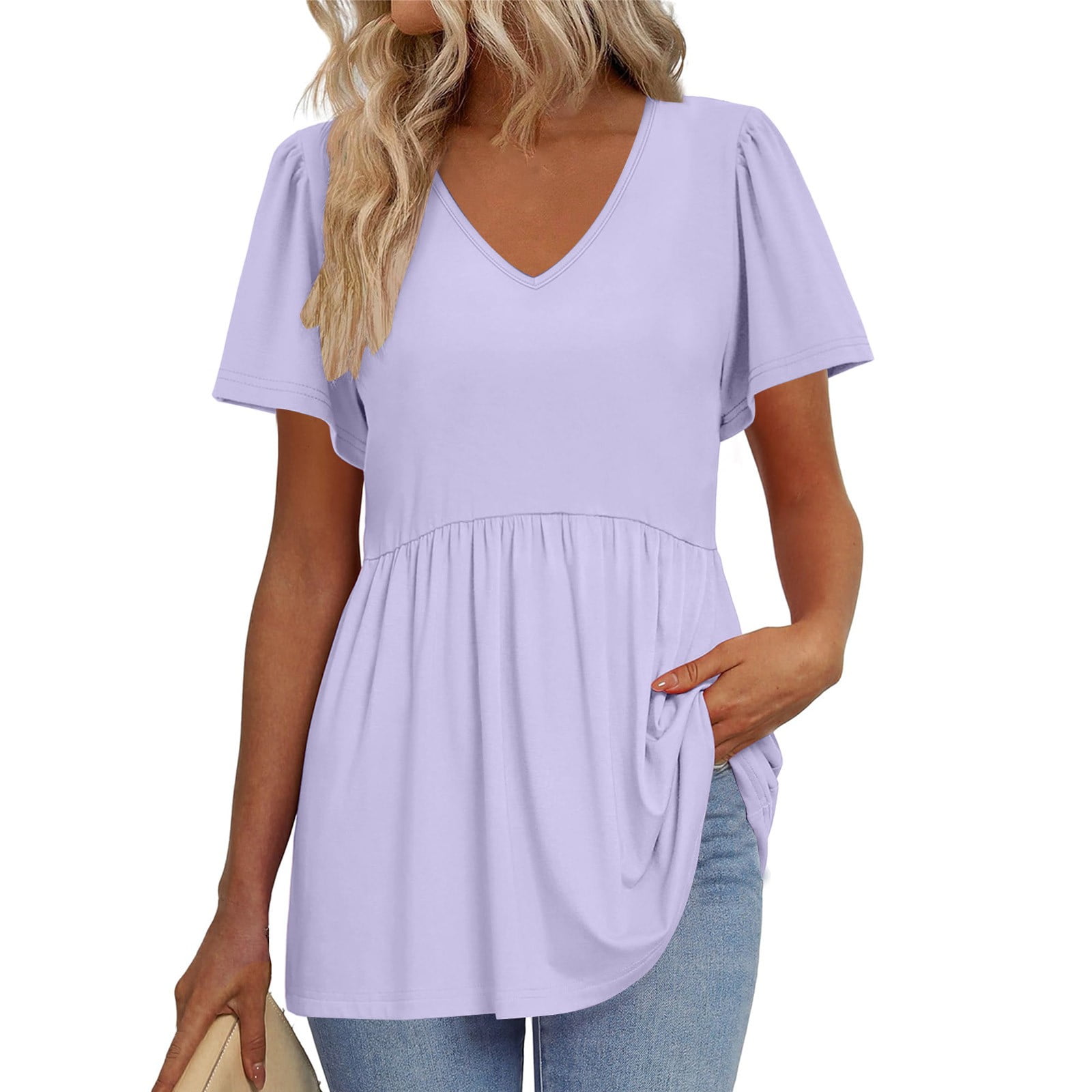TQWQT Plus Size Tunic Tops for Women Babydoll V-Neck Peplum Short ...