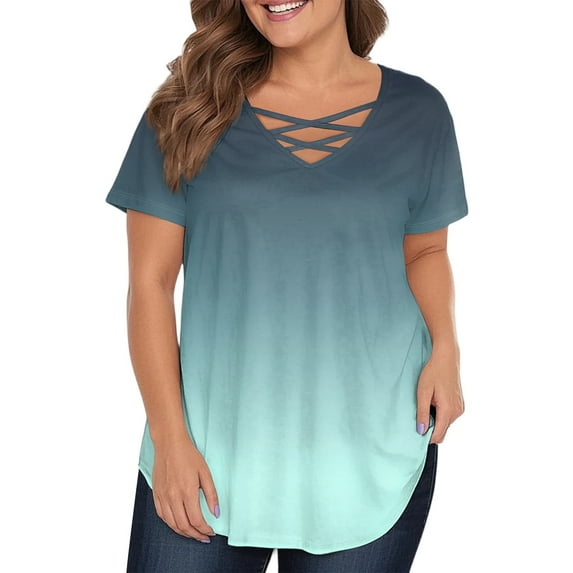 TQWQT Plus Size Tunic Tops for Women Dressy Summer Short Sleeve Blouses Gradient Print T-Shirt Crew Neck Criss Cross Tshirts Loose Casual Trendy Tunics Light Blue L