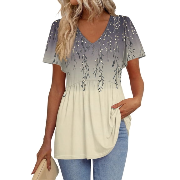 TQWQT Plus Size Tunic Tops for Women Plus Size V-Neck Peplum Short Sleeve Summer Tops Fashion Floral Print Tee Blouse Maternity Clothes Light Purple S