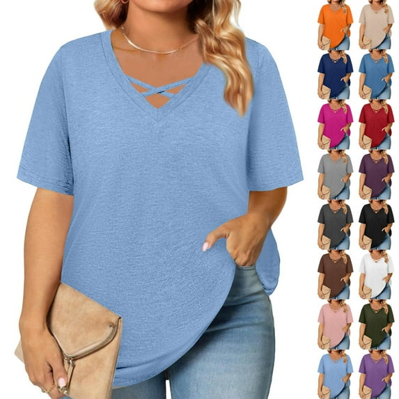 TQWQT Plus Size Tunic Tops for Women Sexy Summer V Neck Criss Cross T Shirts Hot Pink Basic Plain T-Shirt Short Sleeve Shirts Dressy Casual Tunics Blouses 3XL