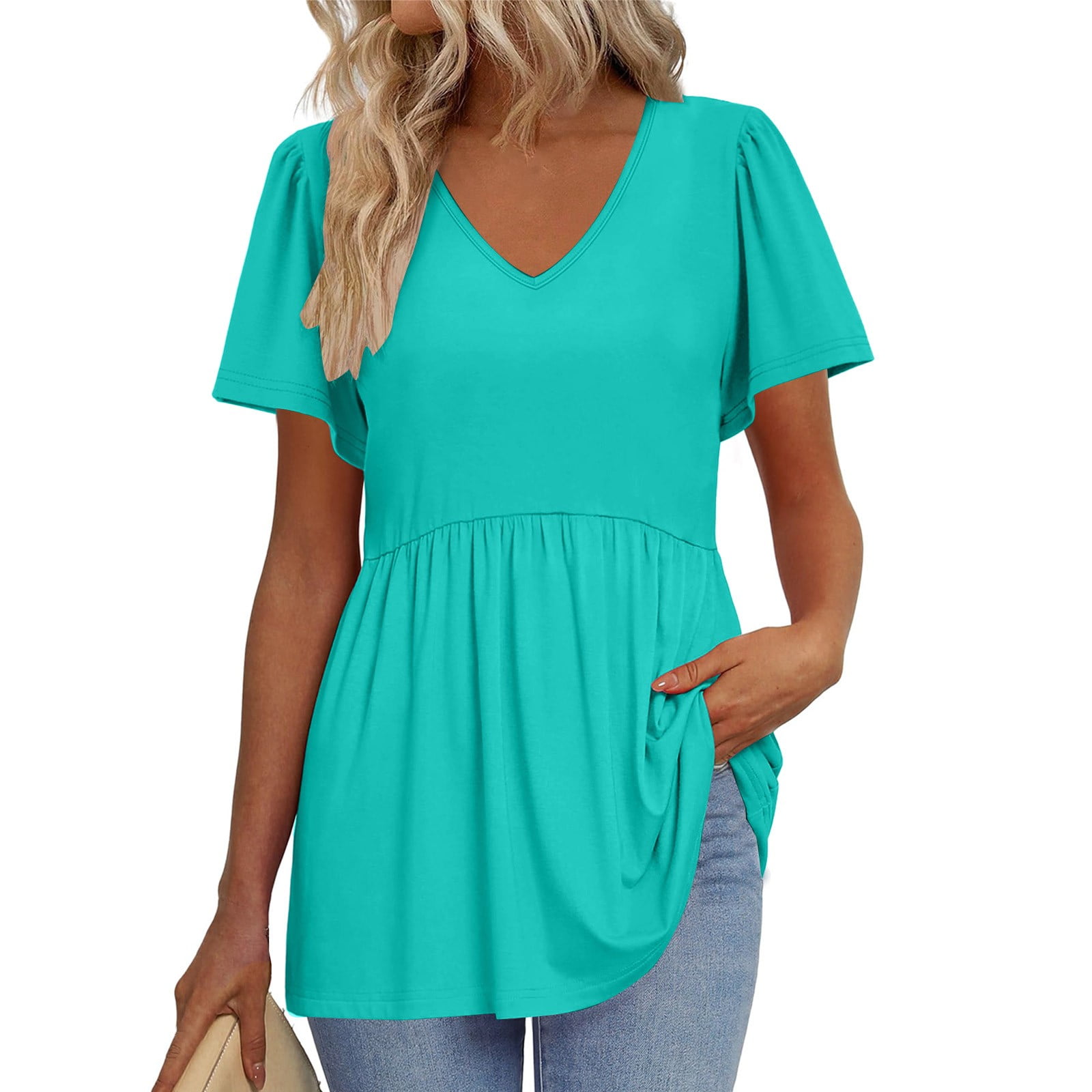 TQWQT Plus Size Tunic Tops for Women Short Sleeve Peplum V-Neck Summer ...