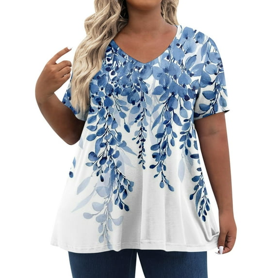 TQWQT Plus Size Tunic Tops for Women Summer Ladies Blouses Size 4x V Neck Short Sleeve Tees Ethnic Floral Print Dressy Casual Tshirt 5x Women Plus Size Clothing