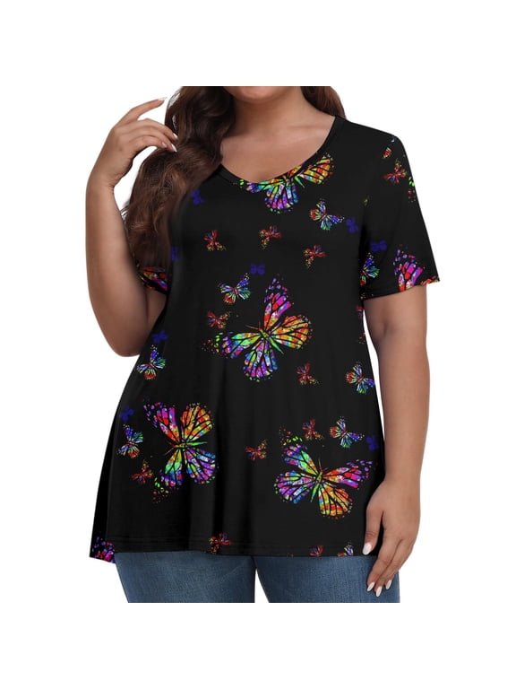 Plus Size Tunic Tops for Women Summer Ladies Blouses Size 4x V Neck Short Sleeve Tees Ethnic Floral Print Dressy Casual Tshirt 5x Women Plus Size Clothing