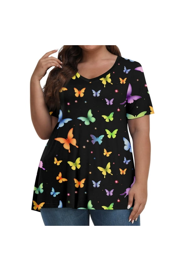 Plus Size Tunic Tops for Women Summer Ladies Blouses Size 4x V Neck Short Sleeve Tees Ethnic Floral Print Dressy Casual Tshirt 5x Women Plus Size Clothing