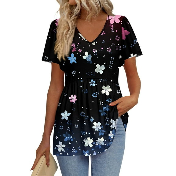 TQWQT Plus Size Tunic Tops for Women V Neck Short Sleeve Peplum Summer Tops Cute Puff Sleeve Floral Blouses Dressy Tunic Top Maternity Clothes Dark Blue 3XL