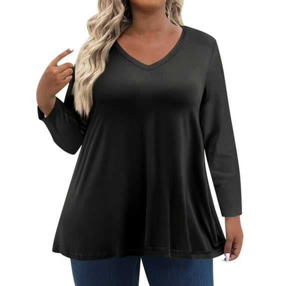 TQWQT Plus Size Tunic Tops for Women 4x-5x Sexy Long Sleeve Blouses Solid Color V Neck T Shirts Dressy Casual Clothes for Women Black 5XL