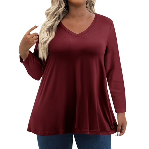 TQWQT Plus Size Tunic Tops for Women 4x-5x Sexy Long Sleeve Tee Shirt Tops Solid Color T-Shirt V Neck T Shirts Large Casual Womens Clothing Wine 2XL