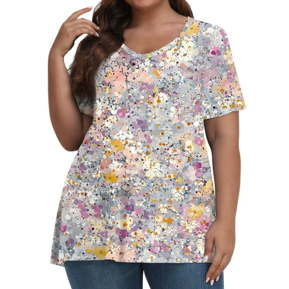 TQWQT Plus Size Tunic Tops for Women Cute Summer Short Sleeve Tops Floral Print T-Shirt V Neck Shirts Loose Casual Tunic Tops Light Purple 2XL