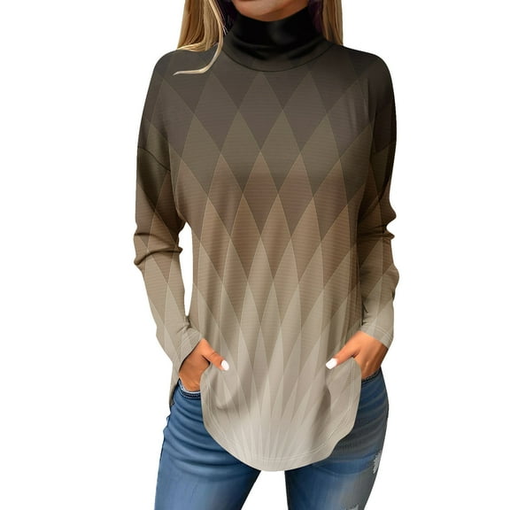 TQWQT Plus Size Turtle Necks Tops for Women Loose Fit Color Block Print Tunic Top Long Sleeve Mockneck T Shirts Trendy Curved Hem Graphic Tee Fall Outfits 2024 Coffee L