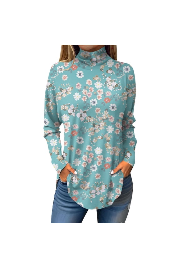 Plus Size Turtle Necks Tops for Women Loose Fit Floral Print Tunic Top Turtleneck Long Sleeve T Shirts Trendy Curved Hem Graphic Tee Fall Outfits 2024 Light Blue 2XL
