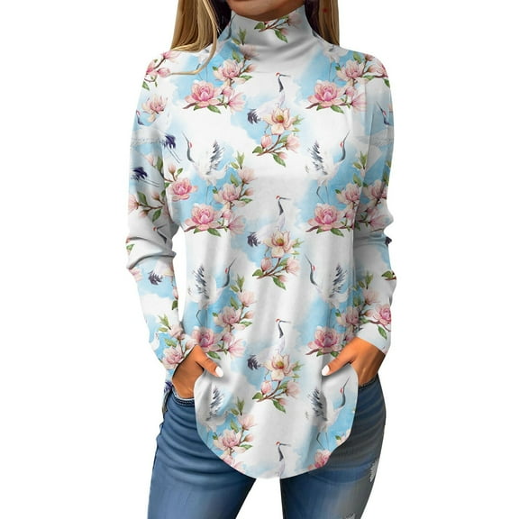 TQWQT Plus Size Turtle Necks Tops for Women Loose Fit Floral Print Tunic Top Turtleneck Long Sleeve T Shirts Trendy Curved Hem Graphic Tee Fall Outfits 2024 Light Blue L