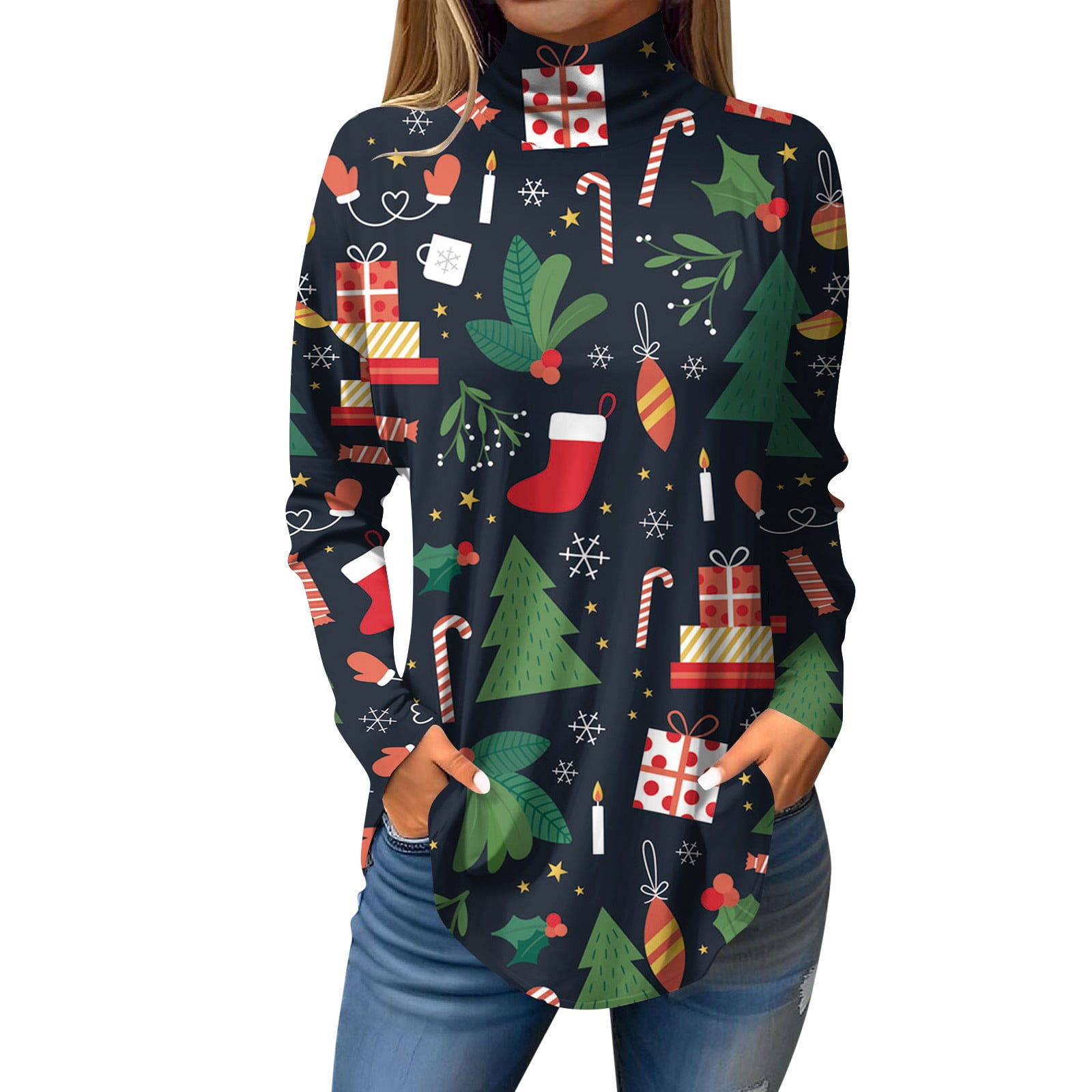 TQWQT Plus Size Turtle Necks Tops for Women Xmas Tree Snowflake Print ...
