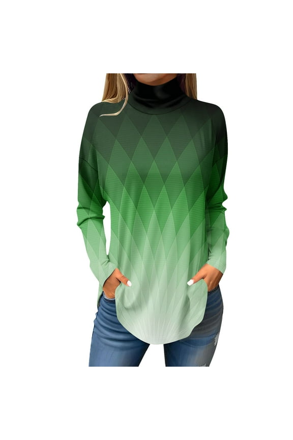 TQWQT Plus Size Turtle Necks Tops for Womens Loose Fit Color Block Print Tunic Top Mockneck Long Sleeve T-Shirt Curved Hem Graphic Tee Fall Outfits 2024 Green 2XL