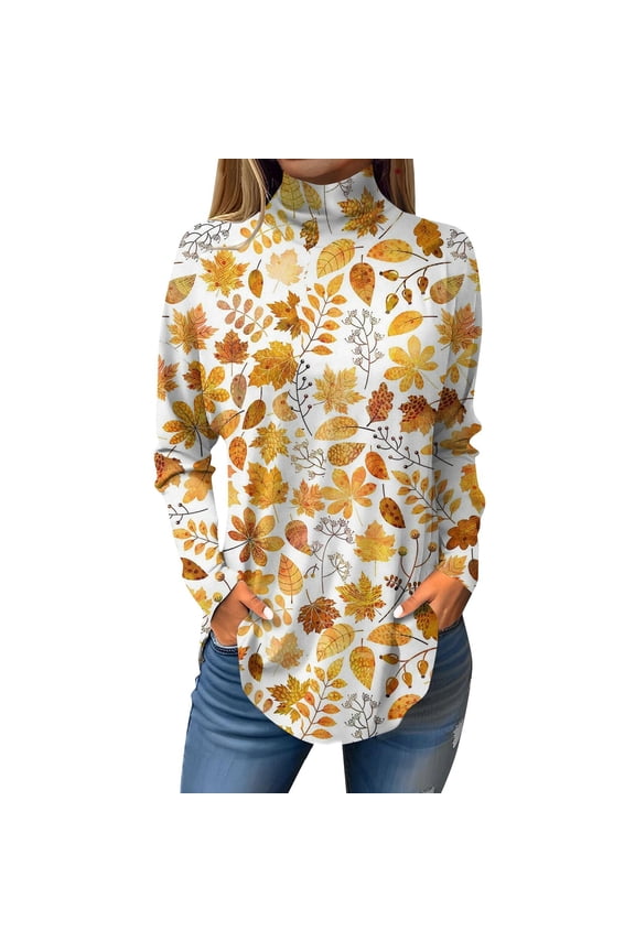 Plus Size Turtle Necks Tops for Women Long Sleeve Floral Printed Curved Hem Graphic Tee Turtleneck Loose Fit T Shirts Fall Shirts Gold L