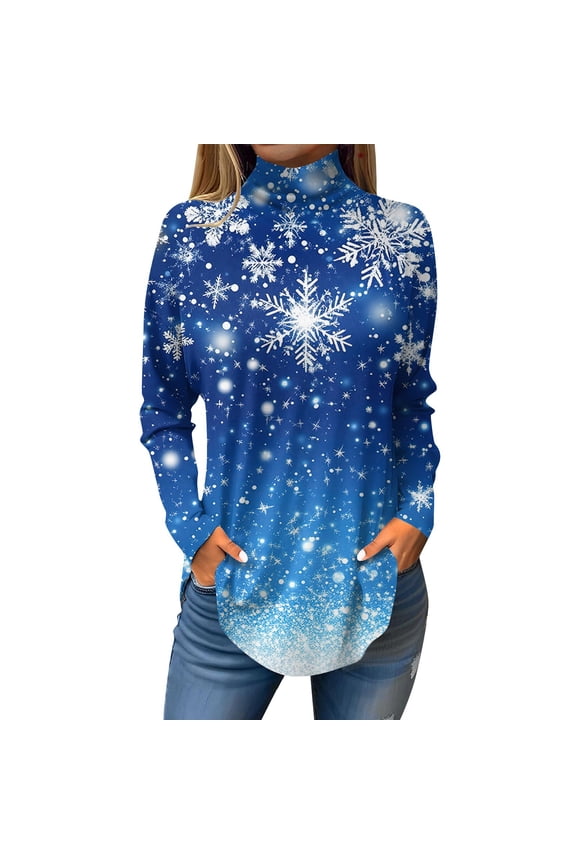 TQWQT Plus Size Turtlenecks for Women Fall Xmas Tree Snowflake Printed Tunic Top Long Sleeve Mockneck T Shirts Loose Fit Curved Hem Graphic Tee Blue XL