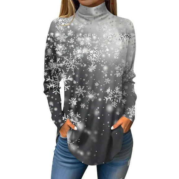 TQWQT Plus Size Turtlenecks for Women Fall Xmas Tree Snowflake Printed Tunic Top Long Sleeve Turtleneck T-Shirts Loose Fit Curved Hem Graphic Tee Dark Gray 3XL