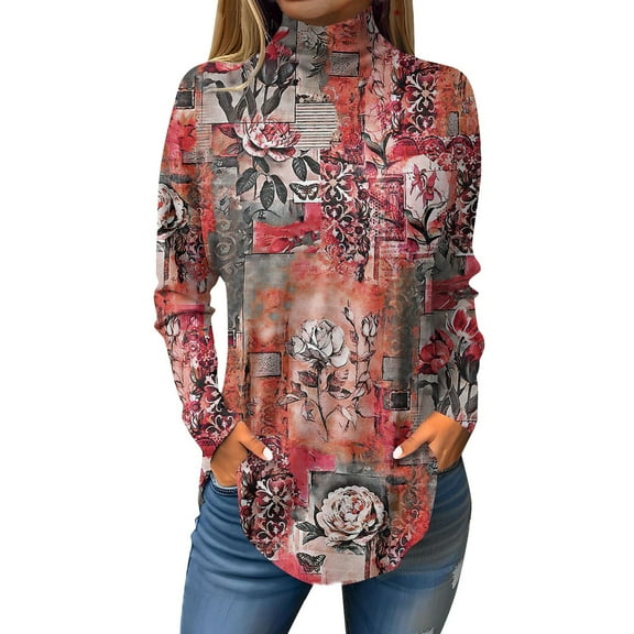 TQWQT Plus Size Turtlenecks for Women Loose Fit Floral Print Tunic Top Long Sleeve Plus Size Shirt Fall Turtleneck T-Shirt Curved Hem Graphic Tee Hot Pink S