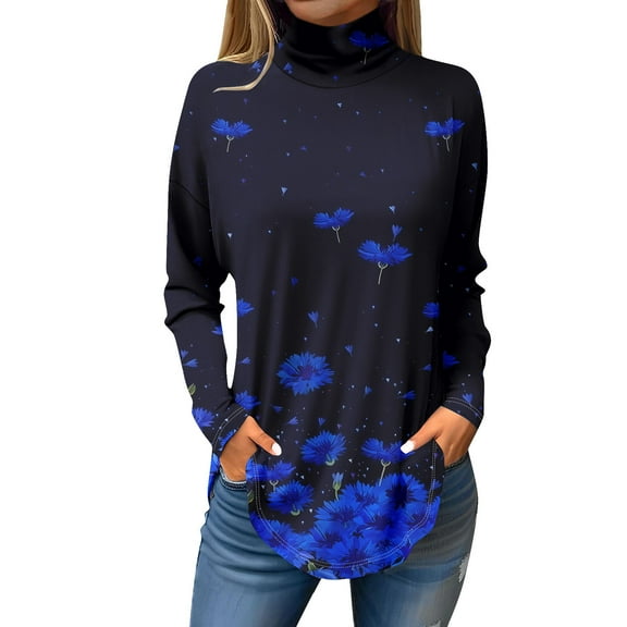 TQWQT Plus Size Turtlenecks for Women Loose Fit Floral Print Tunic Top Long Sleeve Plus Size Shirt Fall Turtleneck T-Shirts Curved Hem Graphic Tee Royal Blue 3XL
